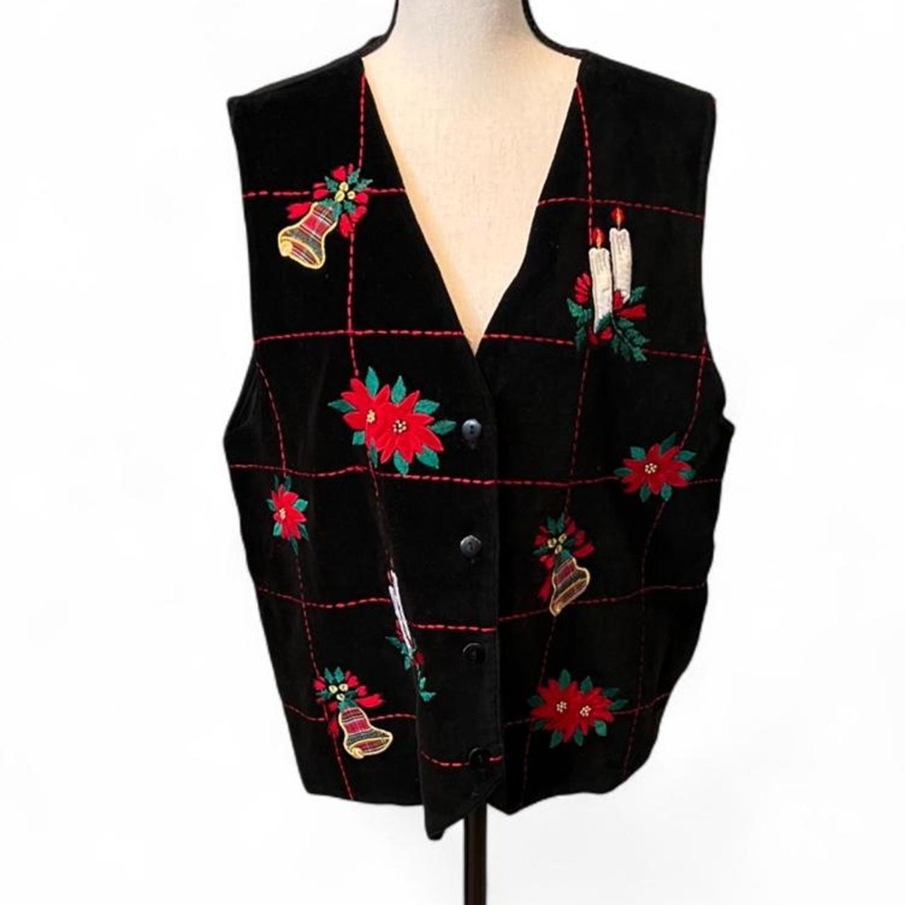 Vintage Christmas Vest with Red Poinsettias & Bells Women's Large Velvet Feel